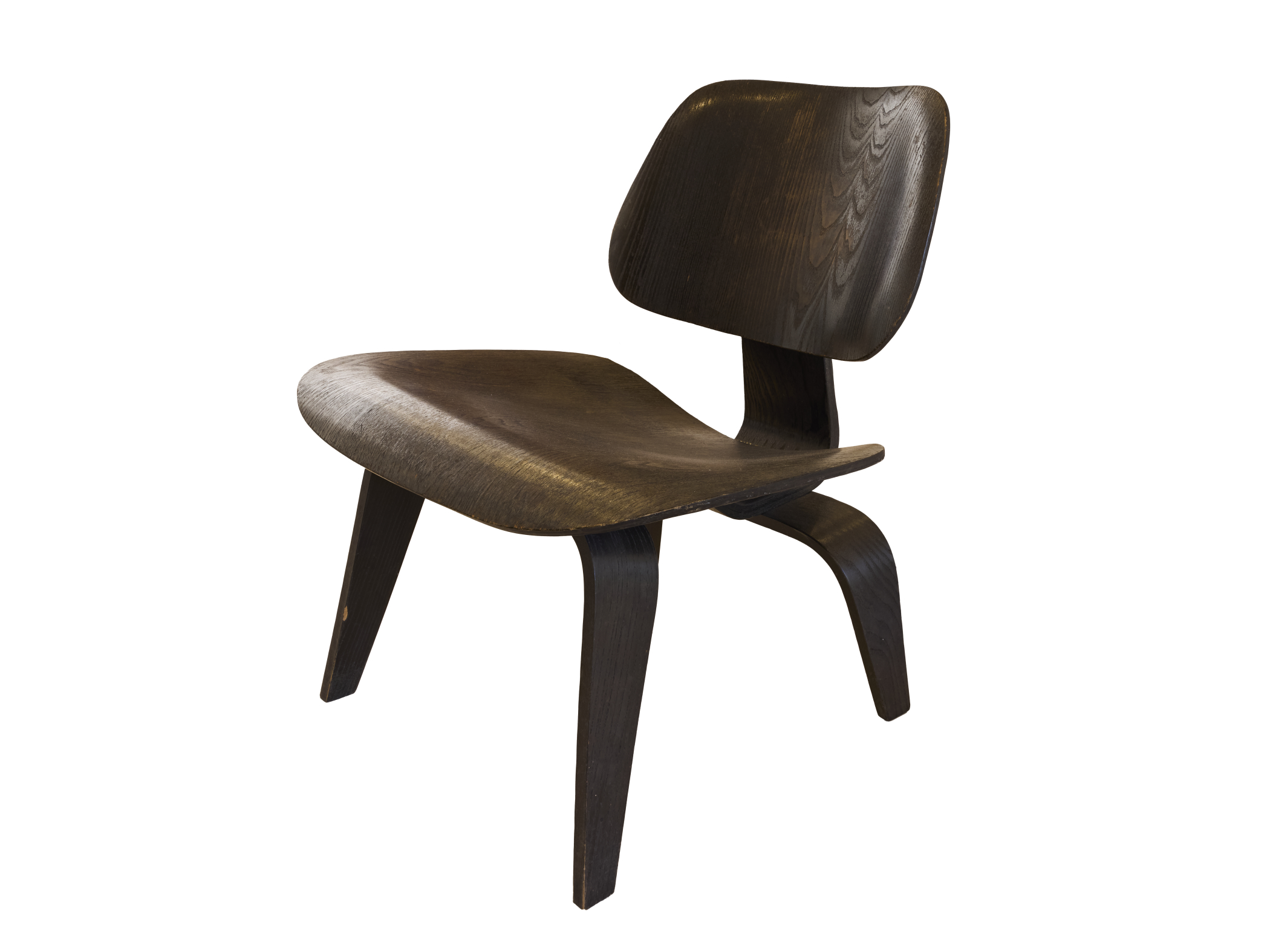 An armless side chair with ergonomic curves made entirely of a dark brown molded plywood.