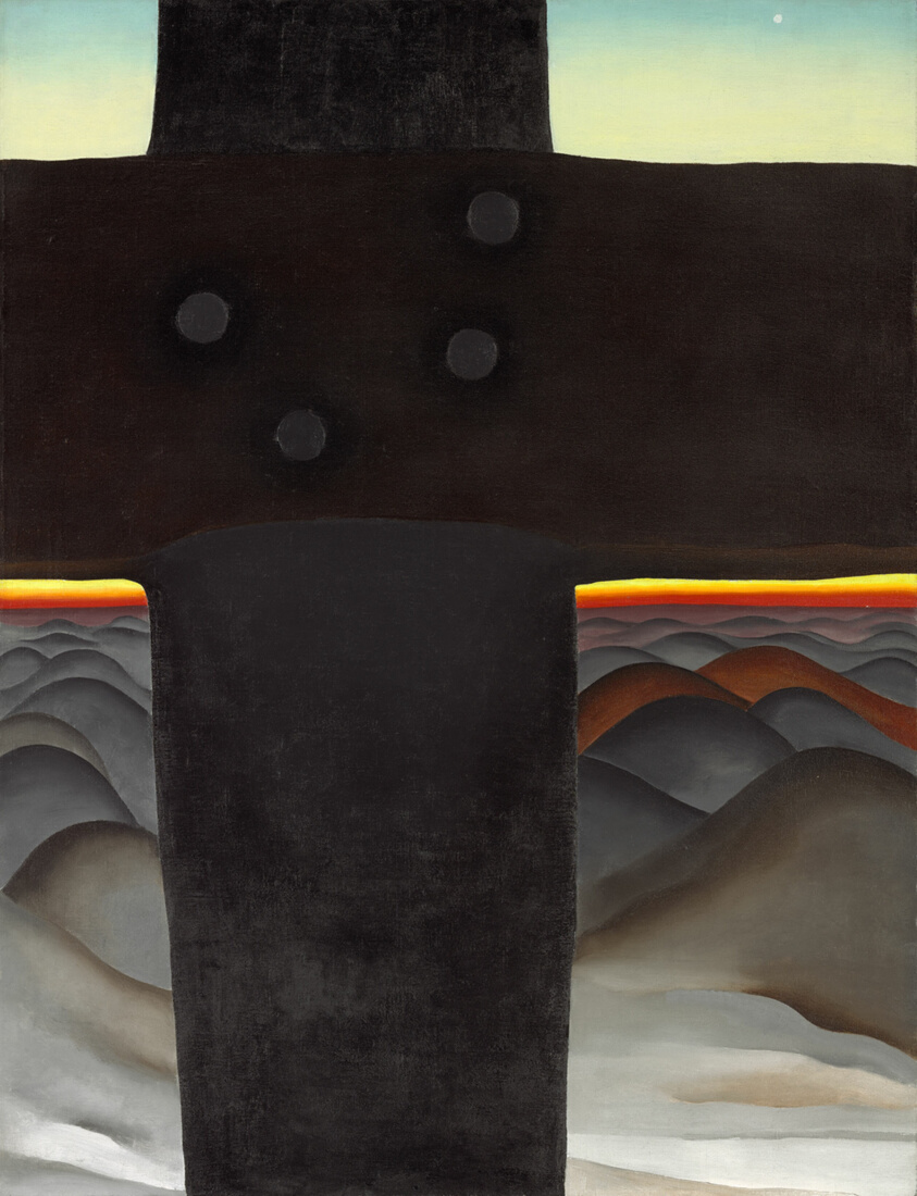 Painting. Most of this picture is taken up by a thick-armed, black cross. A stylized landscape beyond has densely packed, gray and brown hills leading back to a horizon lined with burnt orange and vivid yellow. The crossbeam sits just over the horizon, which comes halfway up the painting. Four round objects, presumably nail heads, are unevenly spaced on the crossing of the beams. The sky above the crossbeam, in the upper corners of the canvas, lightens from powder blue across the top to light yellow above the cross. A white circle near the upper right corner suggests a distant moon or bright star.