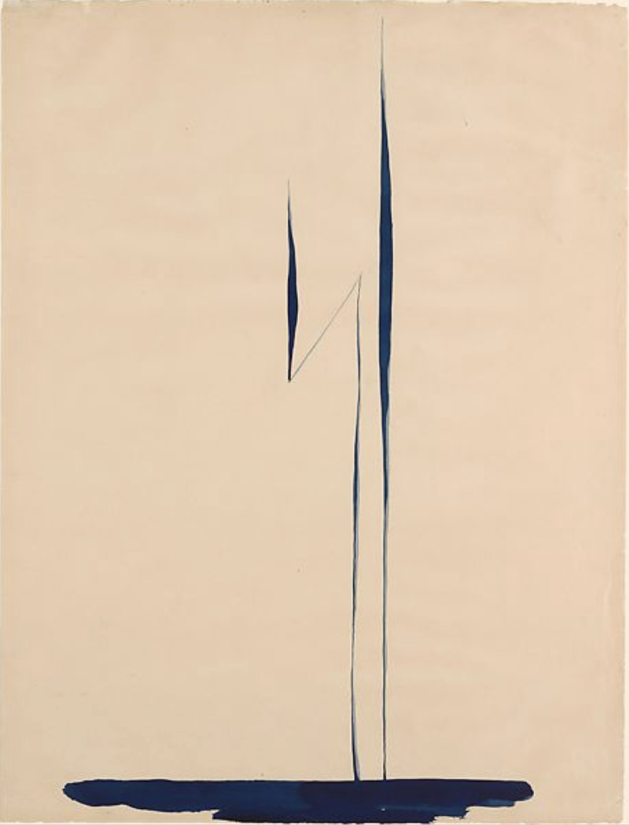 Watercolor. Two slender lines with tapering, sharply pointed tips extend up from a pool of ink blue in this abstract vertical painting on bone-white paper. A broad smudge of dark blue spans most of the bottom edge of the sheet. The two lines emerge close together from just right of center. The line on the left stretches about two-thirds of the way up the sheet before angling downward, and then back up in a sideways z-shaped zigzag. The vertical line next to it nearly reaches the top edge of the sheet. Both swell and then taper back down near their tips.