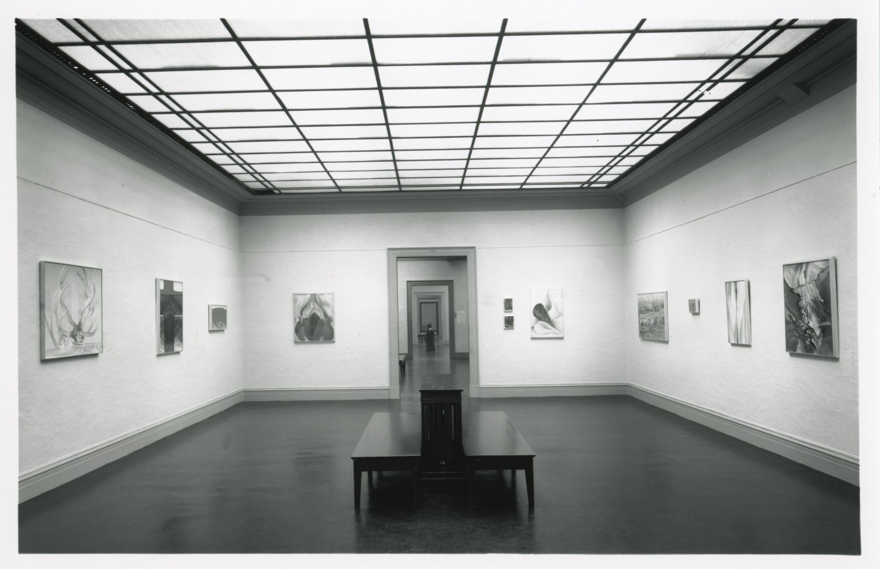 Black and white photograph. Eleven widely spaced paintings line the walls of a long room in this installation view. Through a squared opening at the end of the room opposite us, at least three more doorways telescope into the distance, ending in a flat wall at the far end of the building. The room we are in has a double-sided wooden bench at the center beneath a grid of lights above, which reflects off the shiny dark floor. The paintings show flaring petals or antlers, or layers of geometric shapes.