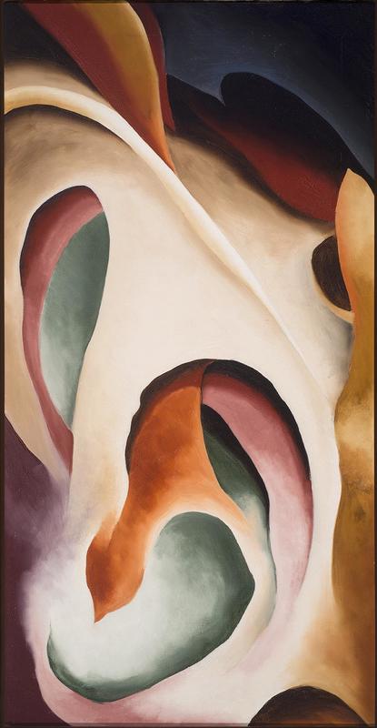 Painting. Curving forms in pale peach, orange, eucalyptus green, fawn brown, mauve pink, and deep purple intertwine around an ear-like form, ridged and curling, at the bottom center in this abstract painting. At the core, a muted orange band curves around and through a kidney-shaped green form. Other bands curl and loop out from there. The bands intersect and cross each other, like fingers loosely interlocking to make a cage. The space seems to flatten out at the upper right, where the dark purple deepens to nearly black.