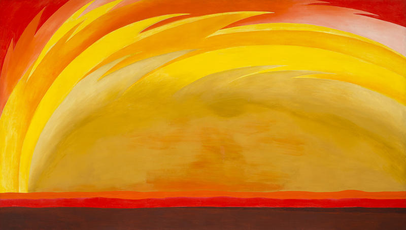 Painting. A jagged, rounded form like a circular saw blade blends from honey and canary yellow to marigold orange and scarlet red in this long, horizontal painting. A band of brown along the bottom edge is topped by narrower bands of flame red and orange. The rest of the canvas is taken up with serrated bands of orange and yellow flaring off of a honey-yellow semicircle along the horizon. The semicircle is mottled with darker areas of pumpkin orange. The upper corners are vivid red.t