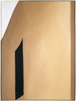 Painting. A peanut-brown, flat form spans most of this composition, except for a long, slender white triangle at the top left corner. A tall, narrow black rectangle near the lower left corner suggests a window opening in the side of a building. The brown wall is shaded darker to our left and lightens to tan across the face of the wall to our right. A darker brown strip along the right edge of the canvas suggests the turning of the corner of the building. The sky is washed-out white in the top left.