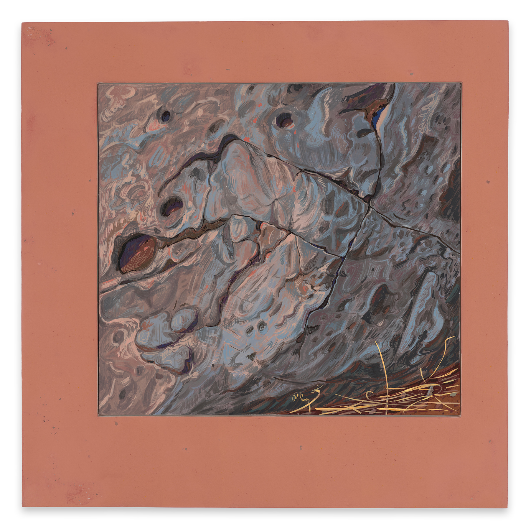 This image shows a painting which is framed in a pigmented pastel pinkish brown panel that includes fragments of earth and rocks from the sites where the paintings were made.  The composition basically becomes an abstraction of a section of a boulder with the sides of the rock flush with the picture frame.  The slight curvature of form at the bottom right corner of the painting creates the notion of a rock-face or boulder-like form along with the inclusion of a patch of dirt and some wheat colored grasses.  The surface of the boulder is painted in short energetic, curved, squiggly and linear brushstrokes of browns, reds, pinks, yellows, blues, grays, white, creams and purples to accentuate the curvature or angularity of the rock itself with its holes and mottled textures. In the center-right of the composition the surface of the rock is split in two directions - where a section is cleaved in the shape of a horizontal rectangle. Without the curvature of the rock in the lower right-hand corner, the painting would resemble a view looking down at a section of a river flow.
