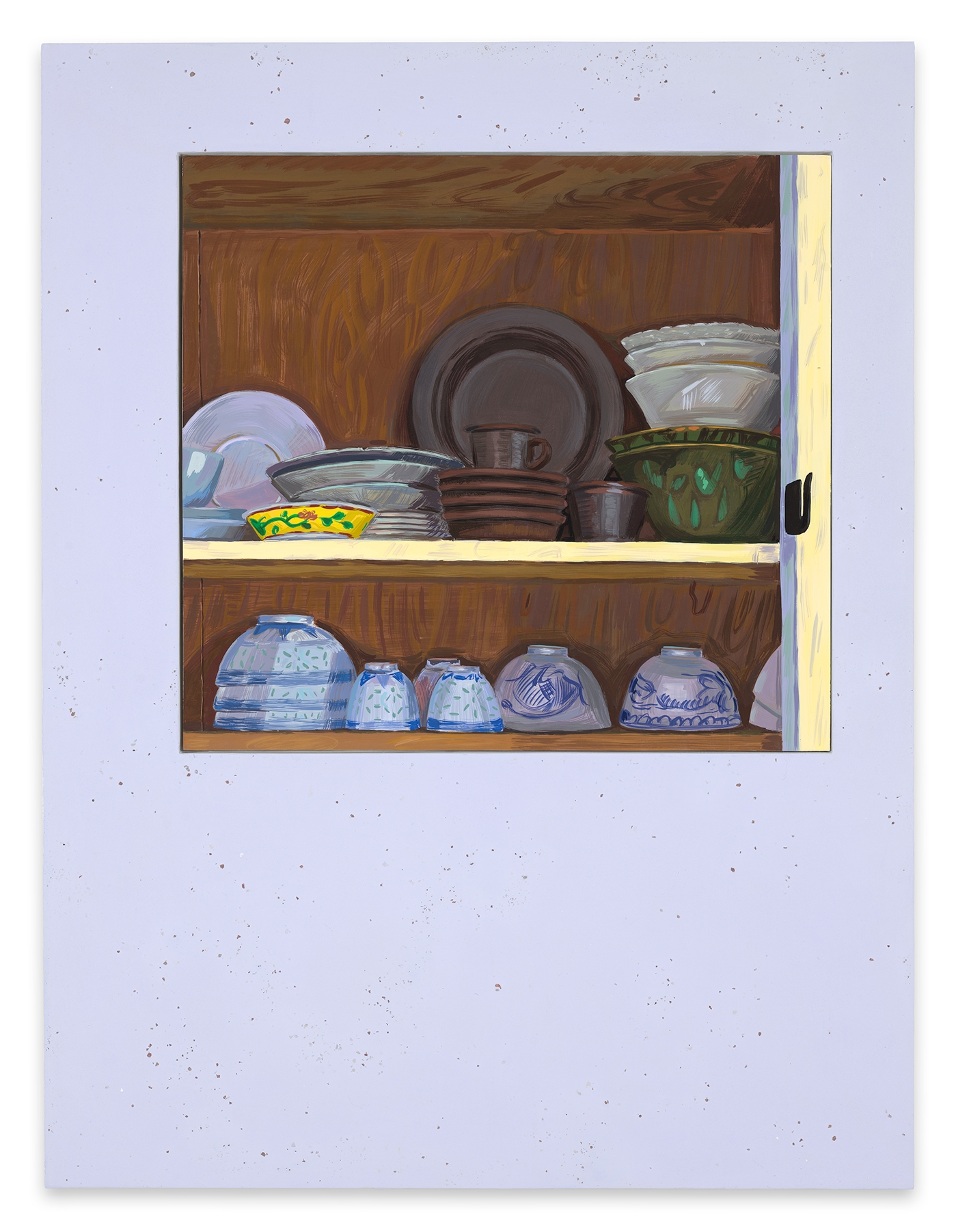 This image shows a painting which is framed in a pigmented pastel lavender panel that includes fragments of earth and rocks from the sites where the paintings were made.  The painting is a horizontal composition that reveals an interior view of 2 wooden shelves in O’Keeffe’s cabinets full of bowls, cups and plates painted in an array of colors and gestural strokes.  The edge of the first shelf, which is painted in a bright but subdued white-yellow, dissects the picture plane bringing the viewer’s attention to the objects on the shelves. The top shelf has stacked white stoneware plates and dishes, a stack of 4 brown stoneware cereal bowls, 2 mugs and a plate, and a stack of two green Mexican ceramic serving bowls with small terra cotta colored chips on the rim along with three white serving bowls stacked on top. In the foreground is a small ceramic bowl with a bright yellow band outlined in red with decorative green leaves and red flowers.  The bottom shelves have 3 stacked blue and white patterned Chinese rice bowls and 3 Chinese teacups and 2 rice bowls stored rimmed side down.