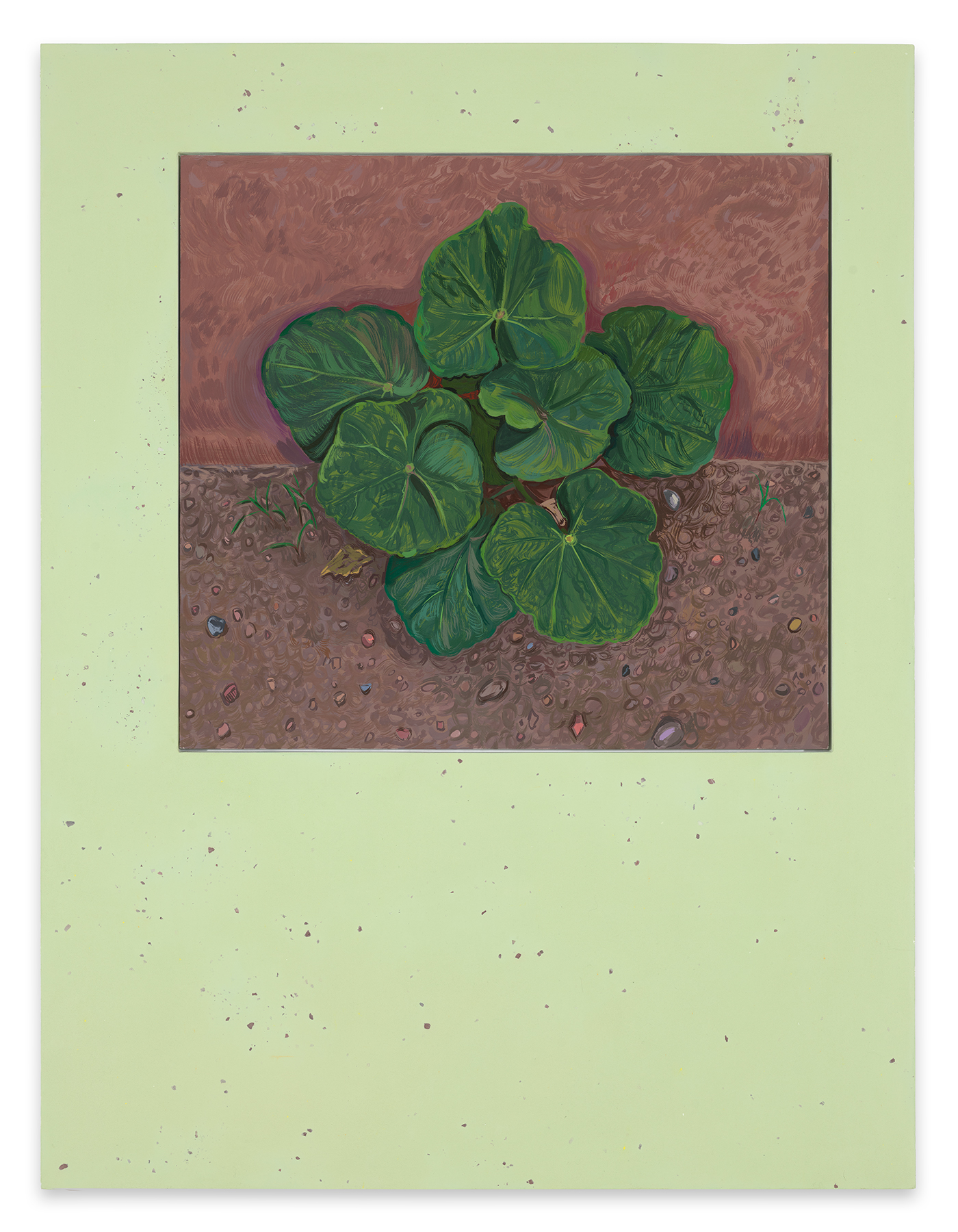 This image shows a painting which is framed in a pigmented pastel green panel that includes fragments of earth and rocks from the sites where the paintings were made.  The subject of the painting is a cluster of rounded fan-shaped green and yellow and blue hollyhock leaves growing between the intersection of the adobe wall and the ground.  The wall and the soil come together as two flat planes separated by the short textural staccato and curved Monet-like brushstrokes in mauve, beige, red, brown and purple to define the wall.   The parched soil is composed of energetic circular strokes of brown, gray and mauve with scattered jewel-colored little stones of pink, purple, yellow ochre with a few green sprouts popping through - which somehow gives the illusion of peering at pebbles through water.