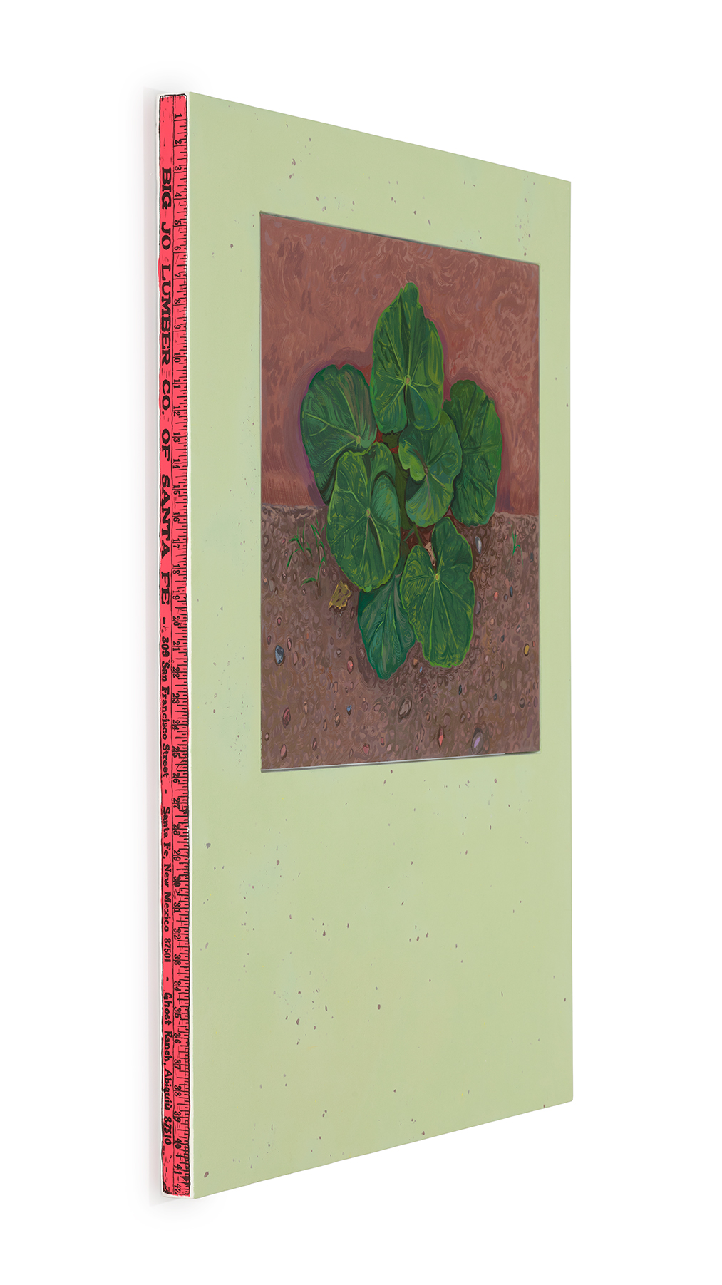 This is an image that shows the side view of O'Keeffe's Hollyhock showing a screen printed ruler painted along the edge of the painting with a pink background and black numbers.