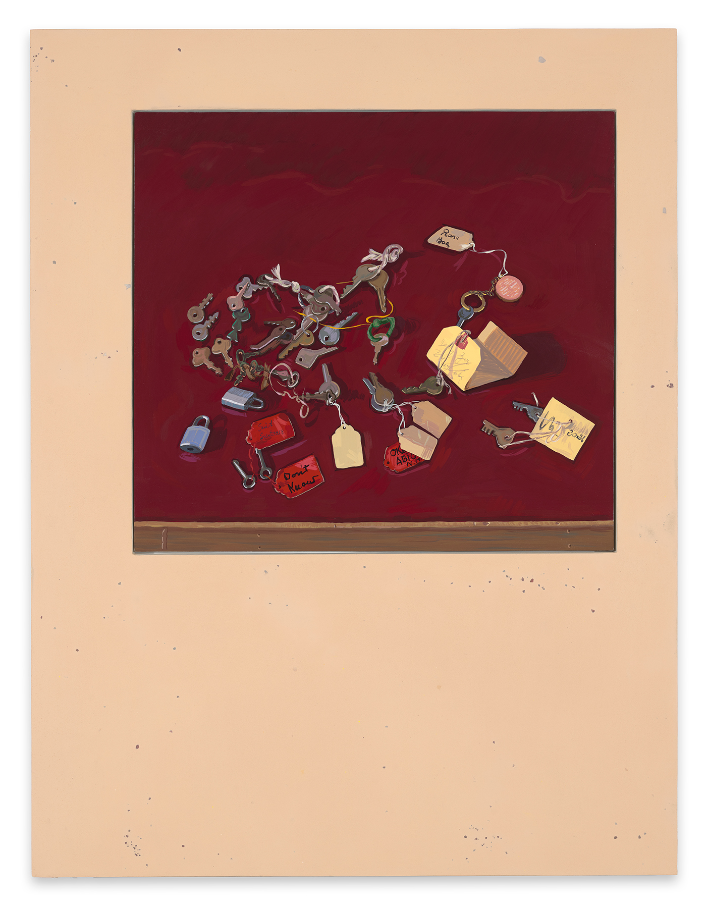 This image shows a painting which is framed in a pigmented pastel cream panel that includes fragments of earth and rocks from the sites where the paintings were made. The painting is a horizontal composition which zooms in on a flat cherry red picture plane displaying a collection of multiple sets of keys in an array of colors, shapes and sizes, there are also 2 little metal locks.  Some of the keys are attached to handwritten labels, some just with strings. There is an odd sense of perspective as the keys seem to float on a flat space but also appear to be attached to a surface – which we know is a table because there is a painted strip of wood running along the base of the composition anchoring the painting.  While the painting is composed of brush strokes in rich purples, pinks, reds, creams, browns, grays, slivers and various shades of brass, the light source illuminating from the left flattens all the colors in a Surrealistic way.  In the foreground is a small sliver toned key attached with a red paper handwritten label, which reads 'Don’t Know.'