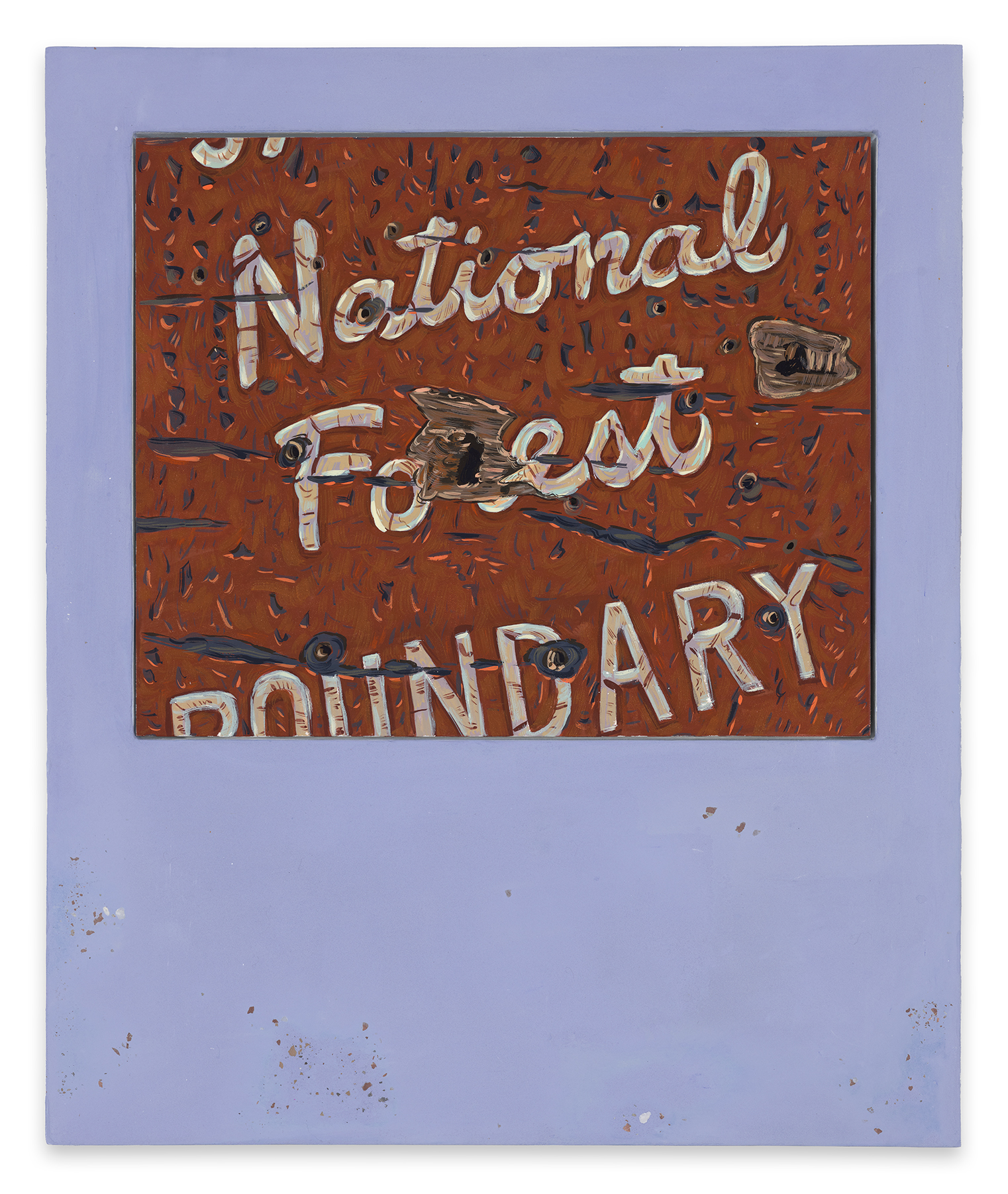 This image shows a painting which is framed in a pigmented pastel purple panel that includes fragments of earth and rocks from the sites where the paintings were made. The painting is a composition that re-creates a National Forest sign as a brown target, where the picture plane becomes a mottled surface representing bullets holes and numerous abrasions and gouges. The background is composed of quick short brush strokes of browns, yellows, peach colors, grays, and blacks. The words, National and Forest, are superimposed diagonally, stacked as separate words, in large white cursive letters, over the battered background. The word Forest, spans the center of the painting where a large bullet hole has blasted through the letter R, like an entrance to a hidden cave. Emerging on a diagonal from the bottom left side of the painting is the partially obscured word Boundary – where the B, the O and the U are partially cut off in the picture plane.