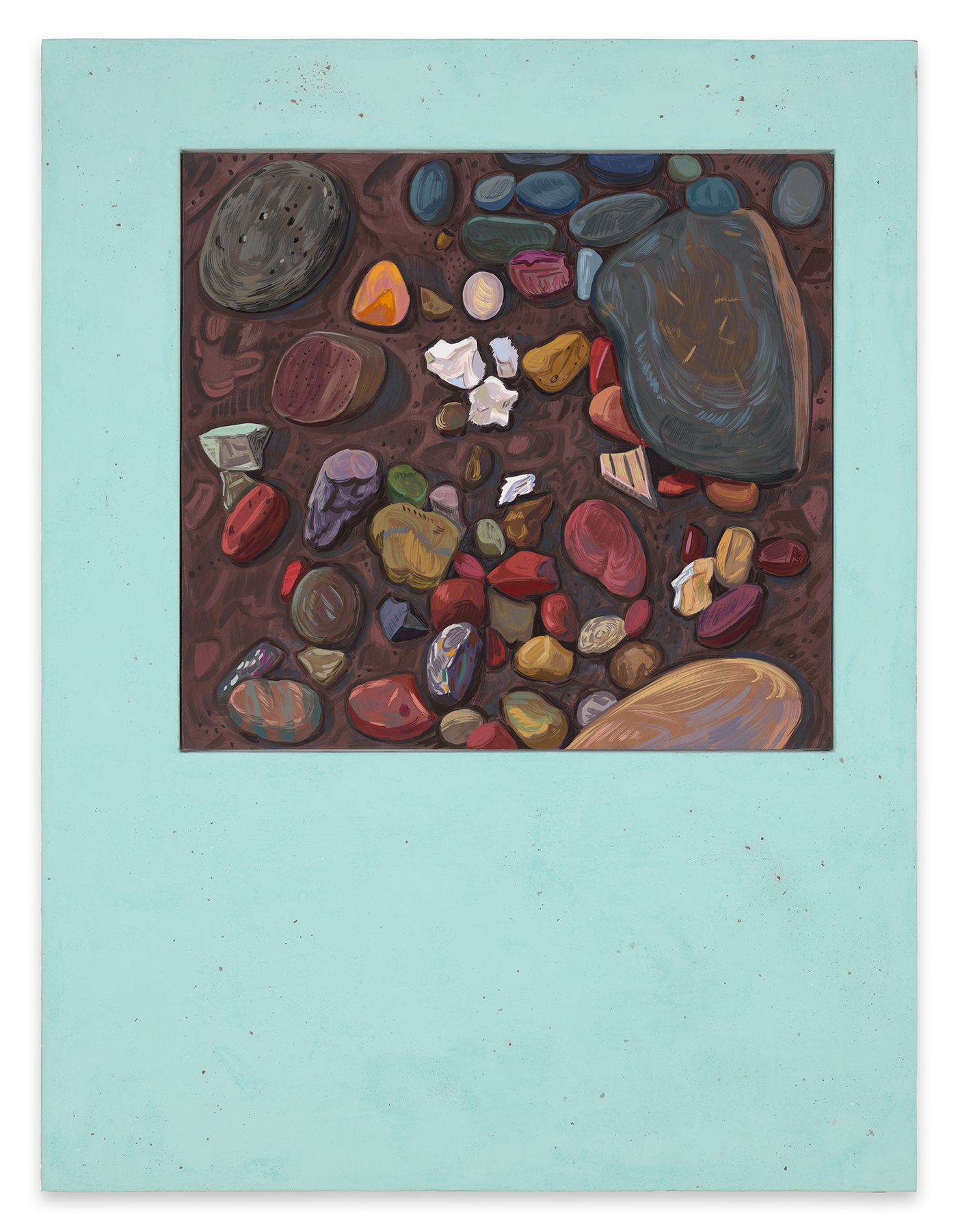 This image shows a painting which is framed in a pigmented pastel robin-egg blue panel that includes fragments of earth and rocks from the sites where the paintings were made. The focus of the painting directs the viewer to look down on a scattered array of colorful rocks and stones, in various shapes and sizes, sitting on the dirt. Energetic short, curved, squiggly and linear brushstrokes in browns, reds, pinks, yellows, blues, greens, greys, white, creams and purples accentuate the curvature or angularity of the various stones and pebbles. There are 2 large gray and bluish stones occupying the upper left and upper right corners of the painting along with a large rounded yellowish-brown stone with pink and blue hash marks emerging from the lower right corner of the picture plane. Occupying the upper top of the painting is a circular collection of rounded, oblong shaped stones in shades of blue, green and gray. Adjacent to the large gray stone, in the center of the composition, are white, yellow, orange and red rocks with a singular grey striped potsherd.  The bottom half of the painting is filled with multiple little clusters of colorful rocks and pebbles. The picture plane becomes a dynamic interplay of color, shapes, and form with the dirt and ground as the base.