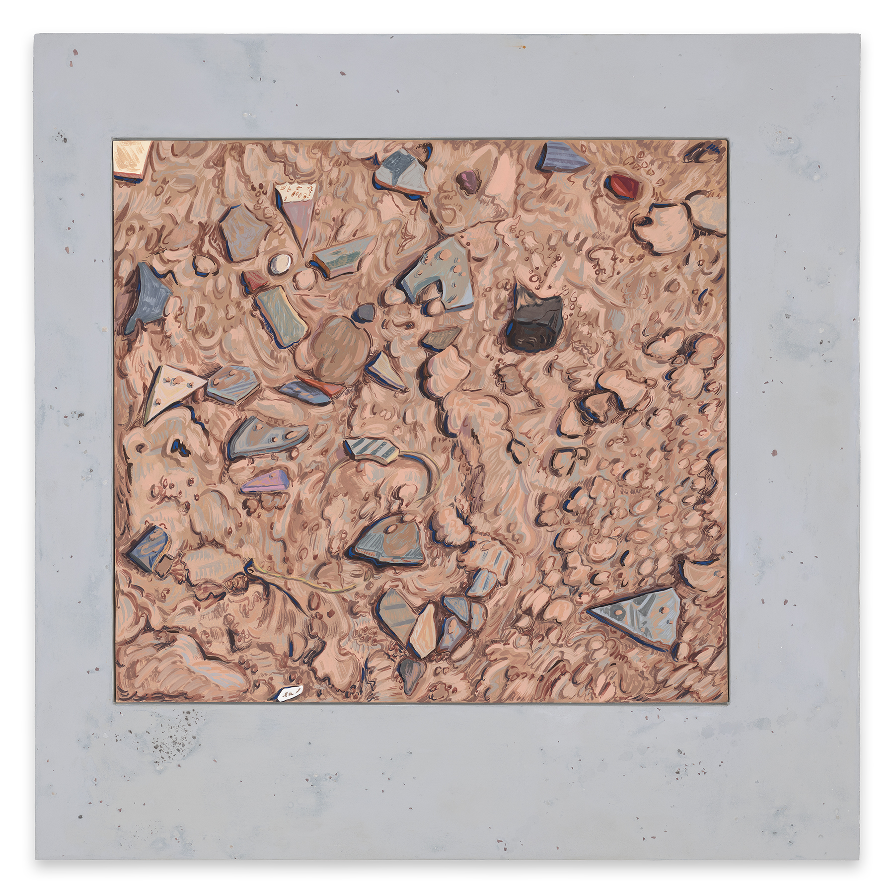 This image shows a painting which is framed in a pigmented pastel grey panel that includes fragments of earth and rocks from the sites where the paintings were made. This painting reveals a bird’s-eye view of an array of potsherds that are sitting or wedged into the desiccated soil. Potsherds, in New Mexico, are broken pieces of pueblo pottery that tend to surface on the ground after a rain storm. The soil is painted as if to show water erosion by using curly and circular brush strokes to accentuate numerous little clumps and clots of clay dirt and little passage ways for water to travel between around pottery sherds and fragments.  The scattered clusters of potsherds, rendered as precious artifacts, vary in shape, size, color, and design - some triangular or small broken rectangles, some with gray surfaces and black linear stripes and others with more intricate design patterns, incorporating faded blues, pinks, greens, and terra cotta colorings. This painting is like a magnifying glass for the viewer, allowing one to reach down and touch.