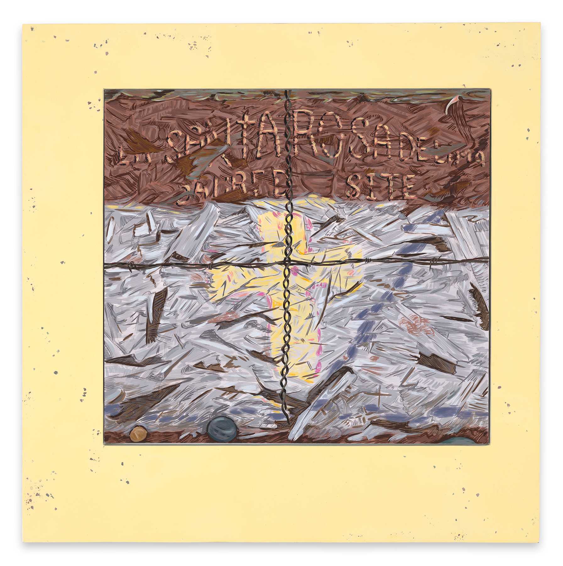 This image shows a painting which is framed in a pigmented pastel yellow panel that includes fragments of earth and rocks from the sites where the paintings were made. The painting memorializes a wooden painted sign from an abandoned church near the town of Abiquiu.  The top 1/3 of the painting consists of a register of brown-beige swatches of paint with darker brown hashmarks and squiggly lines revealing sections of peeling paint. The words, La Santa Rosa De Lima are written in an arc across the top, in large yellow letters in curled quick short yellow and brown strokes, with the words Scared Site painted in the same manner below. The bottom 2/3rds of painting consists of a field of white peeling paint, composed of gray hash marks, linear marks and pinky-brown scribbles showing abrasions and losses.  A wide blue line of hash marks dissects the painting diagonally from the bottom center to upper right corner.  In the center of the composition is a large yellow cross outlined in pink hash marks. Superimposed, like a cross, over the entire image is a vertical metal linked chain and a horizonal piece of barbed wire.  The sign appears to be propped up on the dirt as there are 3 stones on the bottom of the picture plane, a small yellowish one to the left and to the right a medium size blueish-gray stone and another one partially visible in the right-hand corner.