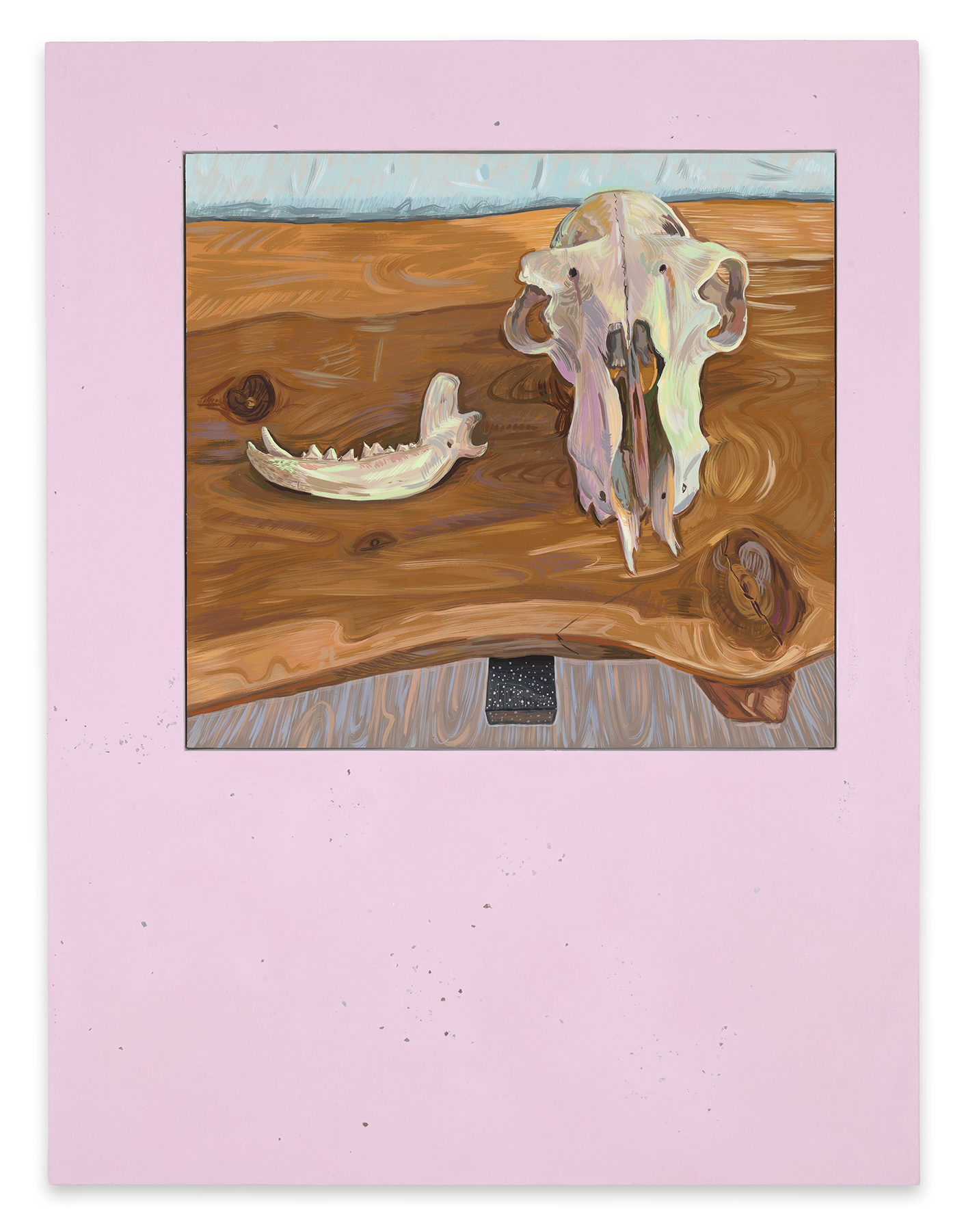 This image shows a painting which is framed in a pigmented pastel pink panel that includes   fragments of earth and rocks from the sites where the paintings were made. Here the painting directs the viewer to look down on a brightly colored still life in O’Keeffe’s studio at Ghost Ranch – a small jaw bone (possibly a coyote) and an animal skull, sitting on curvy pine plank shelf cut from a tree.  The shelf, which is suspended from a metal bracket, is painted in horizonal swirls of brown, beige, purple, yellow, pinks and grays to create the sensation of the wood and knotty pine. The rendering of horizontal curvy wooden shelf and the skulls consume the picture plane creating a sense of flatness and three-dimensionality. The floor below, is painted in vertical and u-shaped lines of pastel brown, beige, peach, gray and blue to give the illusion of depth between the shelf and the floor. Gestural linear strokes and squiggles in pastel pinks, purples, grays, greens, yellows, blues, browns and cream create the dimensionality of form as well as casting highlights on the beautiful simplicity of this skull and jawbone.  The top of the pine plank meets a section of the wall painted in pastel blues, grays, creams and peach colors.