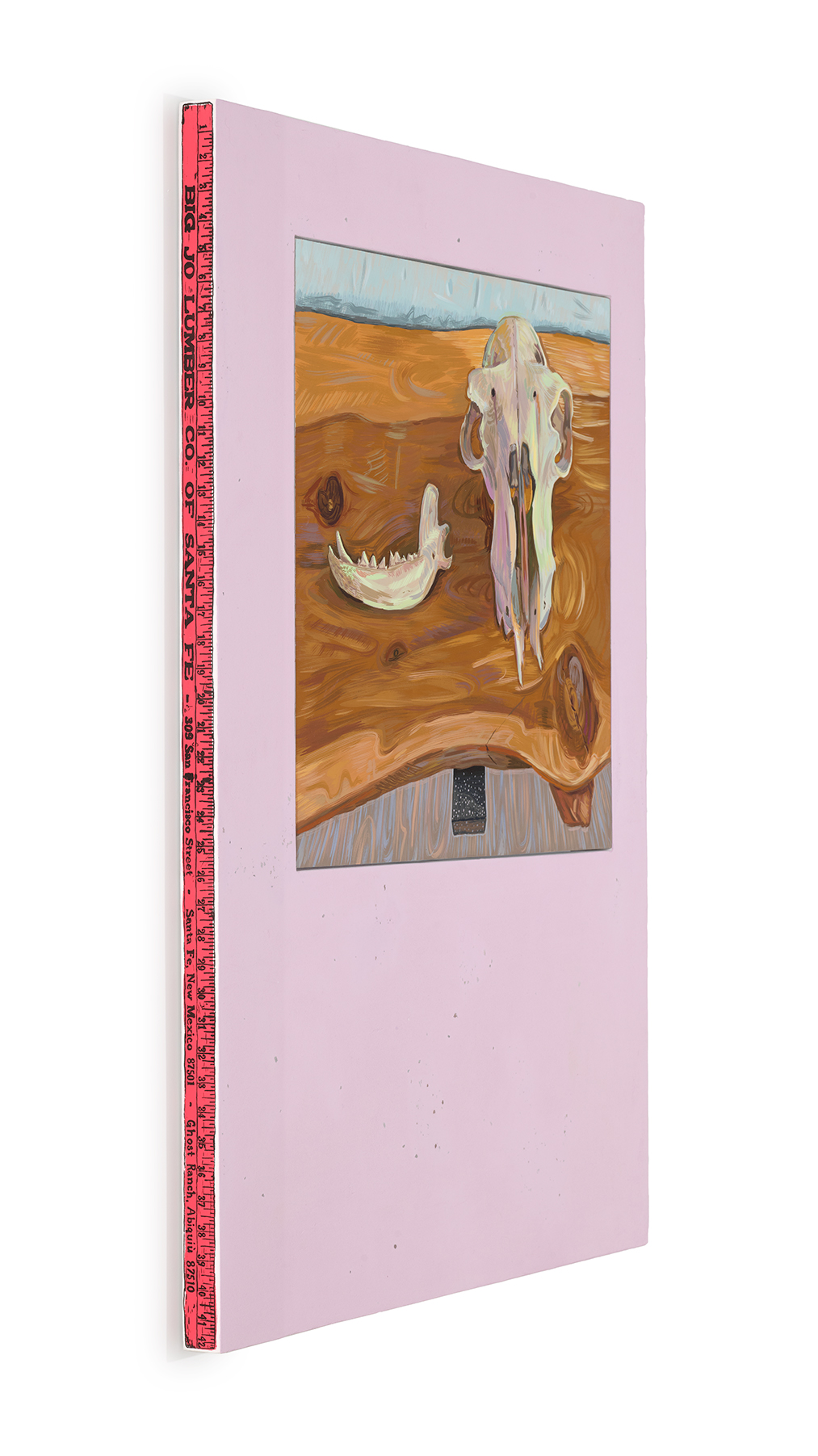 This is an image that shows the side view of O'Keeffe's Skulls showing a screen printed ruler painted along the edge of the painting with a pink background and black numbers.
