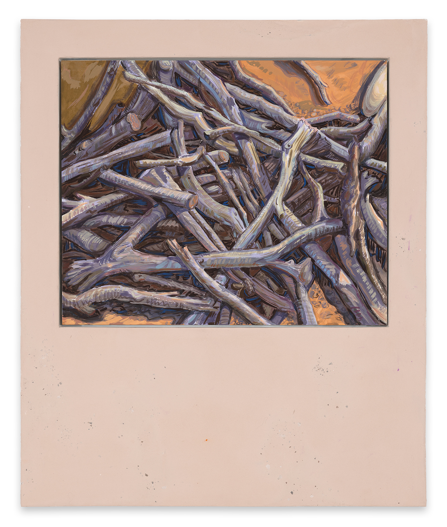 This image shows a painting which is framed in a pigmented pastel beige cream panel that includes fragments of earth and rocks from the sites where the paintings were made. The composition draws the viewer to meditate on a pile of dry slivery sticks, stacked on a curry-nutmeg-peach colored ground, at sunset or sunrise. The ground itself is painted in shades of peach, yellow, and brown with purple, gray and blue chalky shadows.  The gray sticks are a densely stacked pile of straight, curved, and oddly shaped pieces of small tree branches that are sawed and frayed on the edges, splaying in all directions of the picture plane without any context. The twigs are formed with linear hash marks, curvilinear lines, squiggles, dots and swathes of color in pastel shades of gray, blue, lavender, green, yellow, peach, pink, brown, white, and cream.